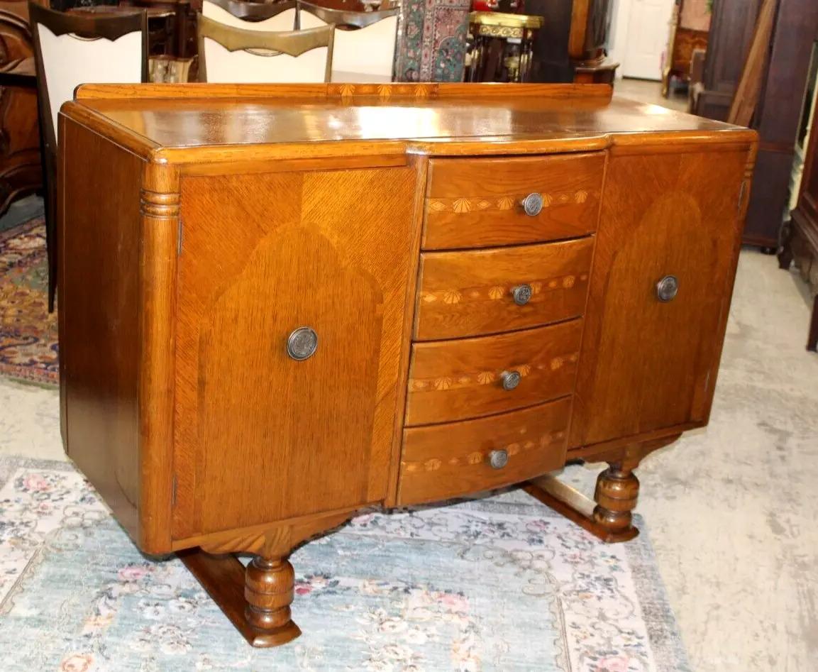 English Antique Art Deco Inlaid Oak Sideboard Buffet Bar Cabinet Compact
