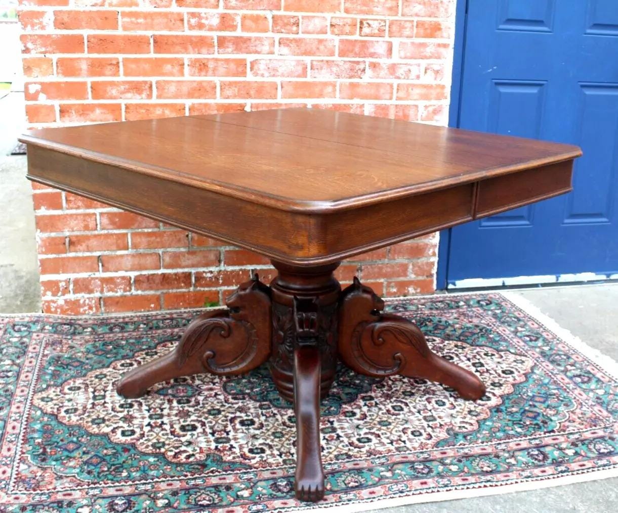 French Antique Tiger Oak Square Kitchen Table | Carved Base Dining Table c.1880
