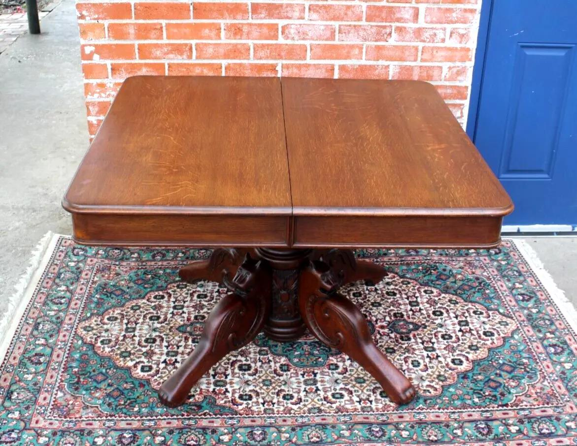 French Antique Tiger Oak Square Kitchen Table | Carved Base Dining Table c.1880