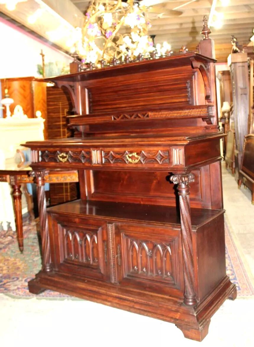 French Antique Gothic Walnut Server | Carved Sideboard Cabinet c. 19th Century