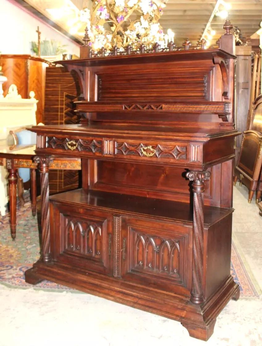 French Antique Gothic Walnut Server | Carved Sideboard Cabinet c. 19th Century