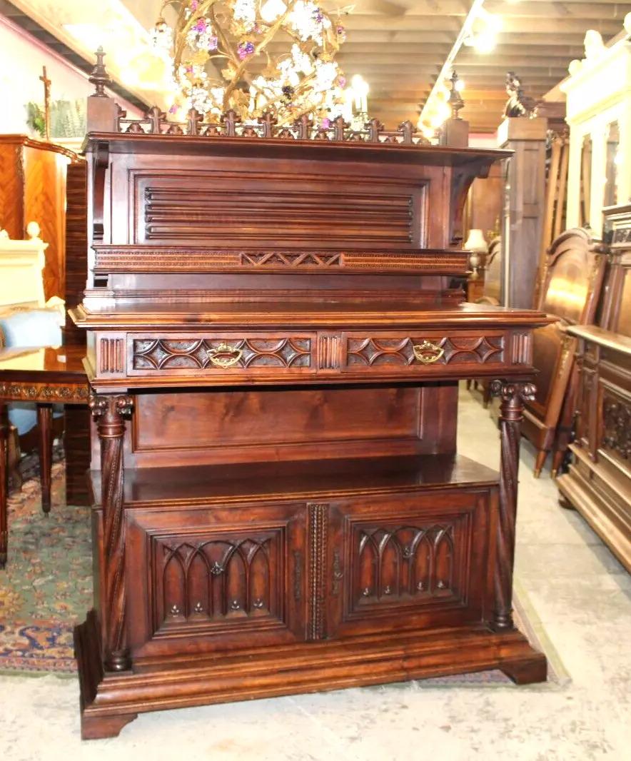 French Antique Gothic Walnut Server | Carved Sideboard Cabinet c. 19th Century