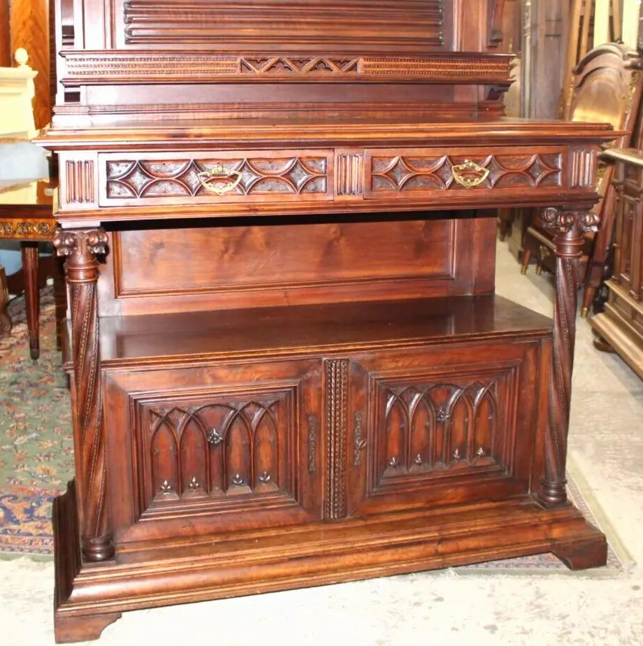 French Antique Gothic Walnut Server | Carved Sideboard Cabinet c. 19th Century