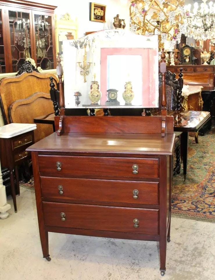 English Antique Mahogany 3 Drawer Dresser with Mirror | Bedroom Furniture