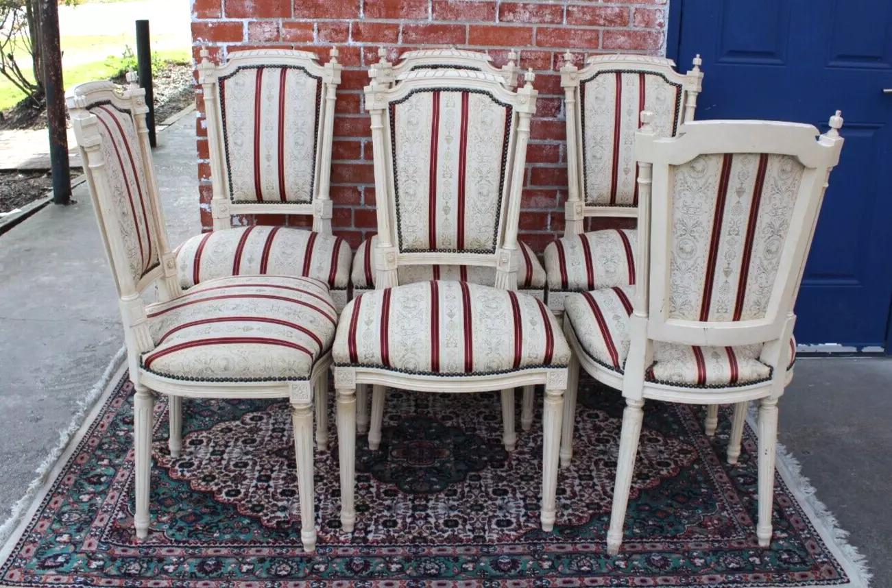 Set of 6 French Louis XVI Dining Chairs | White Painted Upholstered Seats