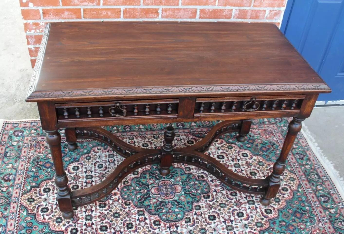 French Antique Oak Brittany Writing Desk | Carved Gothic Style Office Table