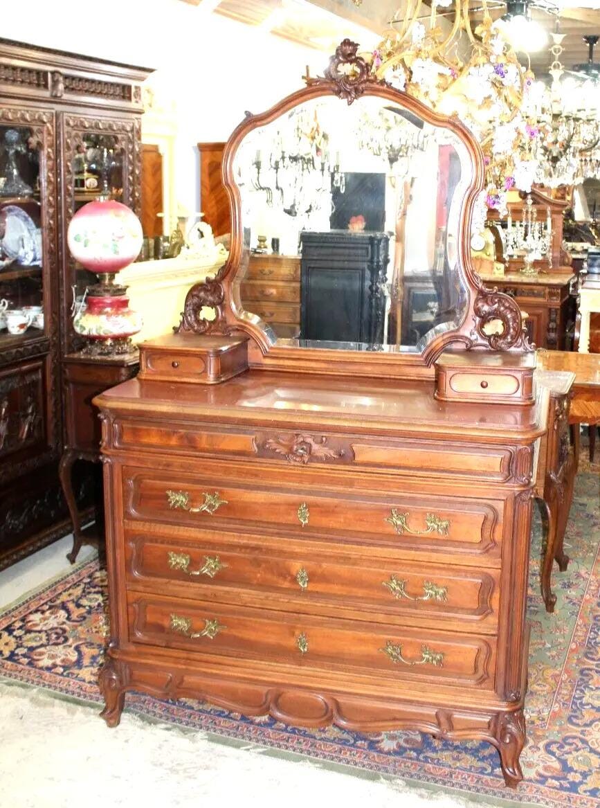 French Antique Louis XV Walnut Dresser | Marble Top Vanity w/ Mirror c. 19th C.