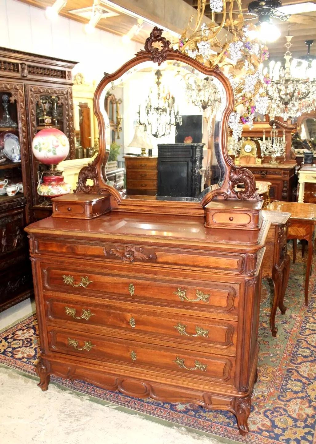 French Antique Louis XV Walnut Dresser | Marble Top Vanity w/ Mirror c. 19th C.