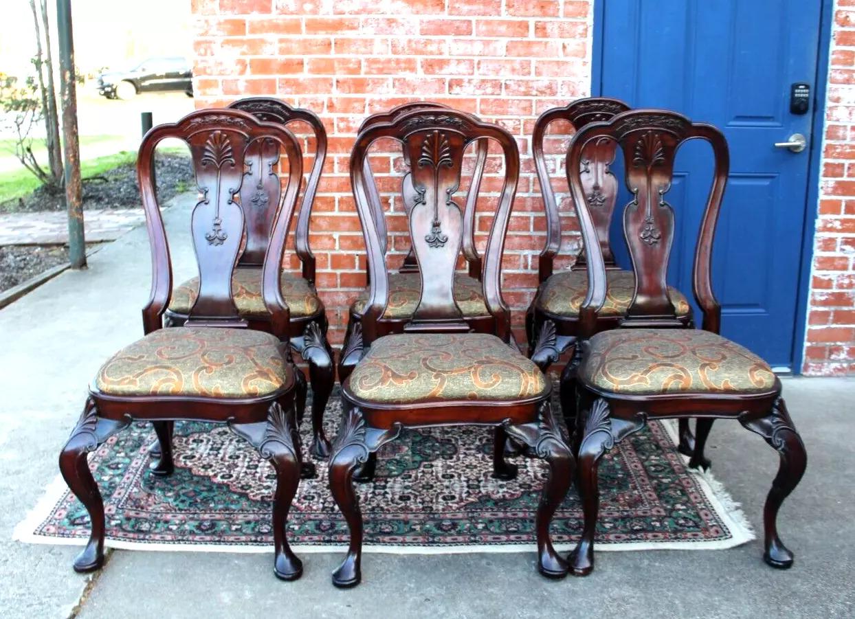 Set of 10 Mahogany Queen Anne Dining Chairs with Upholstered Seats
