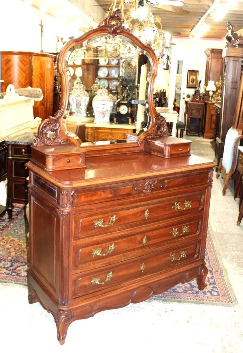 French Antique Louis XV Walnut Dresser | Marble Top Vanity w/ Mirror c. 19th C.