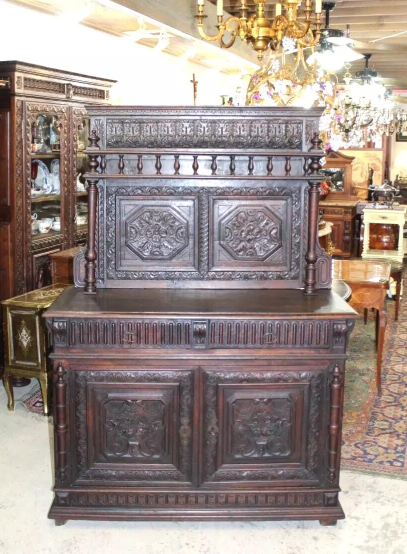 French Antique Renaissance Oak Buffet Server | Carved Sideboard c.1820