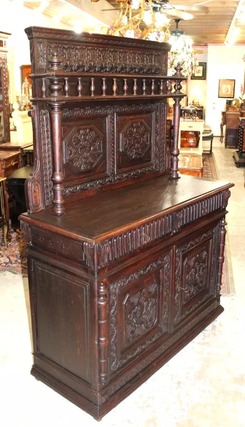 French Antique Renaissance Oak Buffet Server | Carved Sideboard c.1820