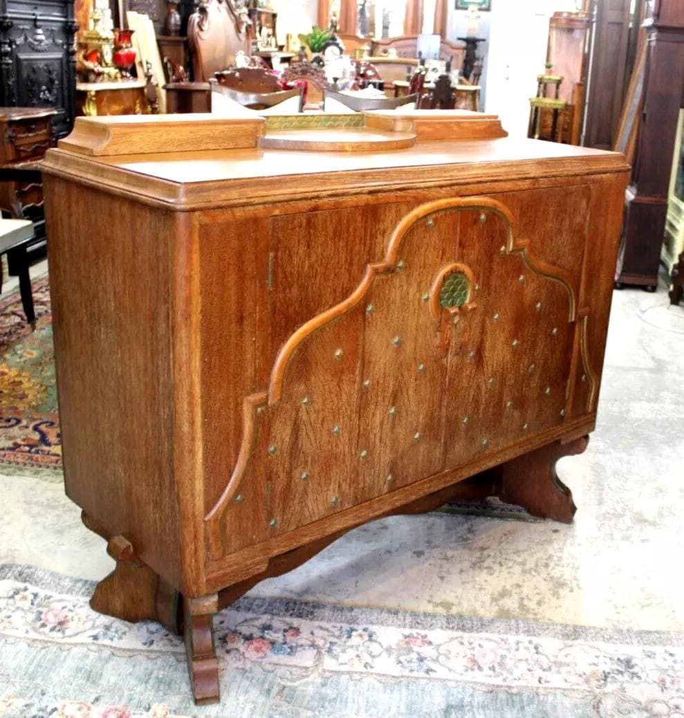 English Antique Oak Art Deco Sideboard | Small Buffet Bar Cabinet c. 1930s