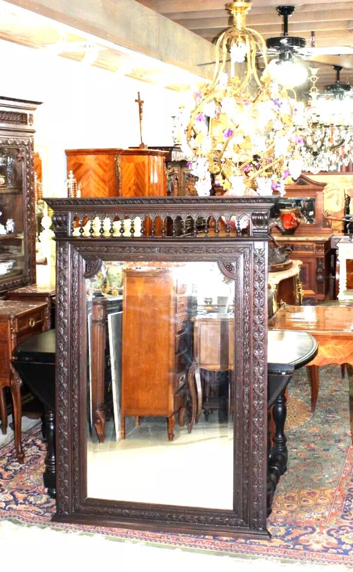 French Antique Brittany Style Wall Mirror - Dark Oak Wood, Carved Accents