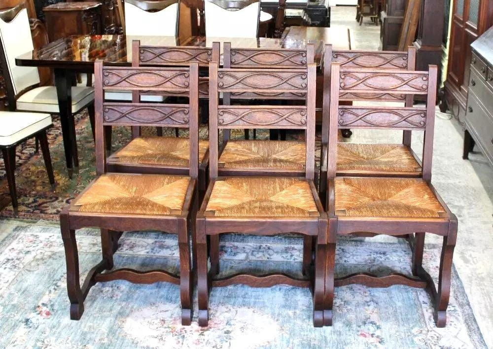 Set of 6 French Antique Renaissance Oak Wood Rush Seat Dining Chairs Sturdy