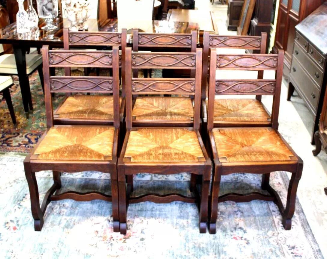 Set of 6 French Antique Renaissance Oak Wood Rush Seat Dining Chairs Sturdy