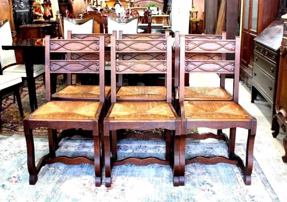 Set of 6 French Antique Renaissance Oak Wood Rush Seat Dining Chairs Sturdy