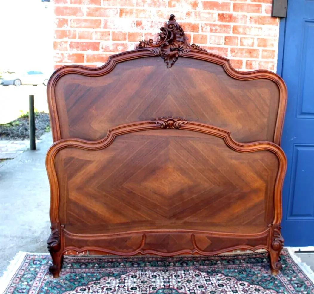 French Antique Louis XV Rosewood Full Size Bed | Carved Frame with Rails
