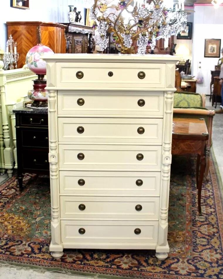 Swedish Antique Painted White Pine Highboy Chest of Drawers 7-Drawer Tallboy