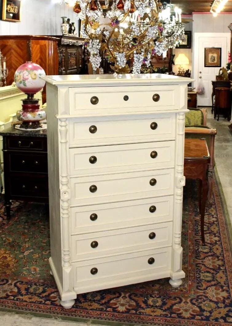 Swedish Antique Painted White Pine Highboy Chest of Drawers 7-Drawer Tallboy