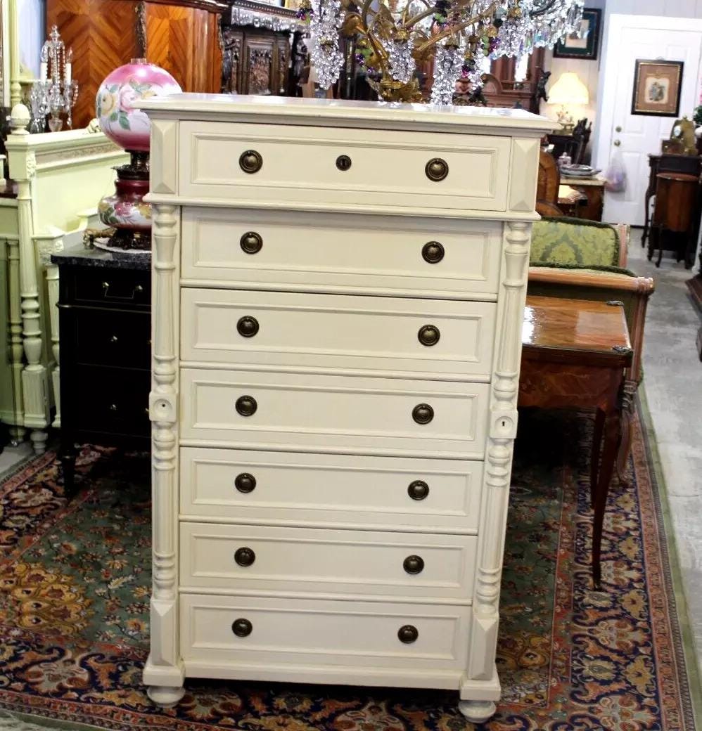 Swedish Antique Painted White Pine Highboy Chest of Drawers 7-Drawer Tallboy