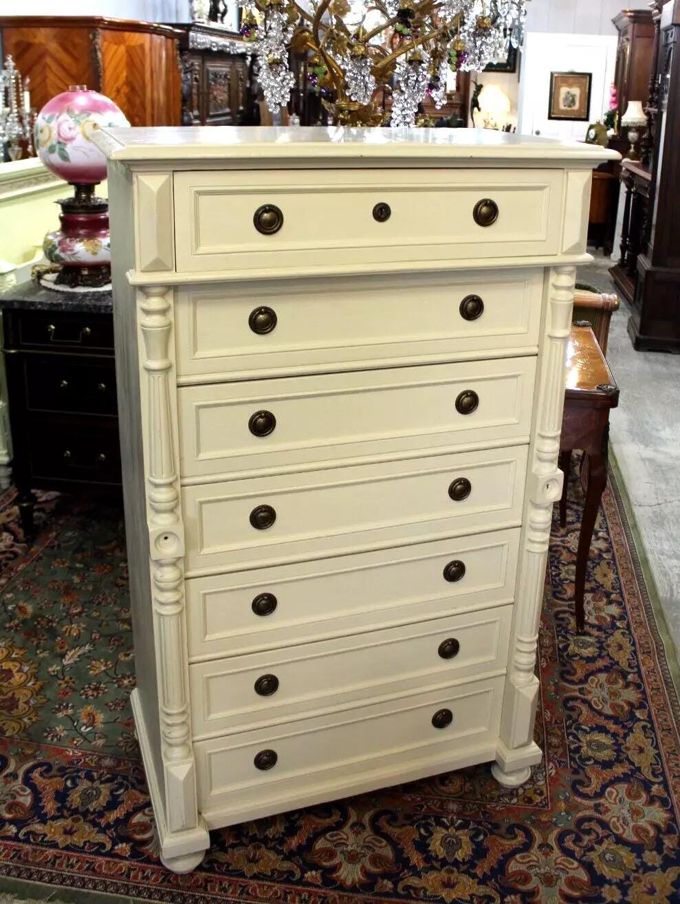 Swedish Antique Painted White Pine Highboy Chest of Drawers 7-Drawer Tallboy