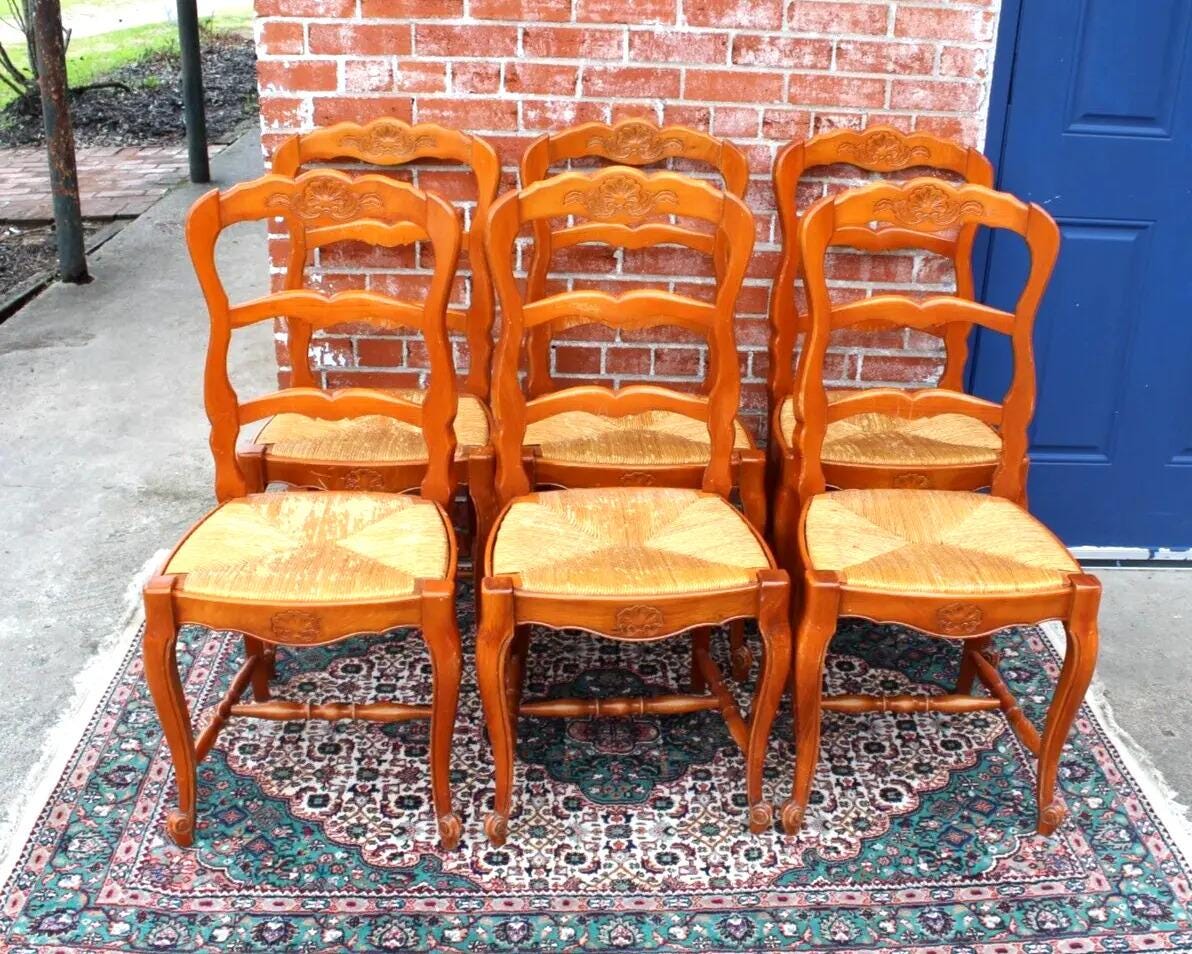 Set of 6 French Louis XV Oak Dining Chairs | Antique Rush Seats & Carving