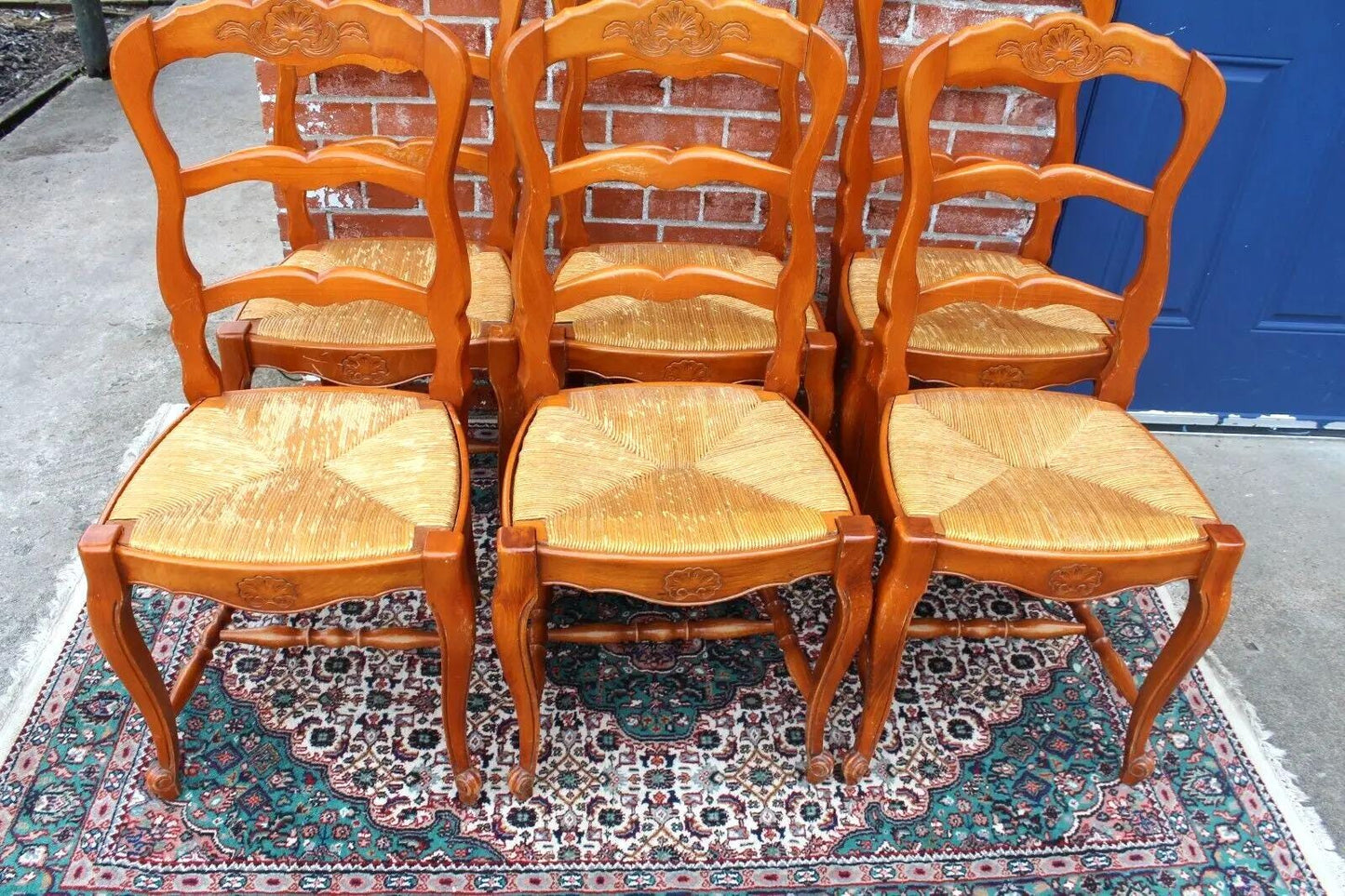 Set of 6 French Louis XV Oak Dining Chairs | Antique Rush Seats & Carving
