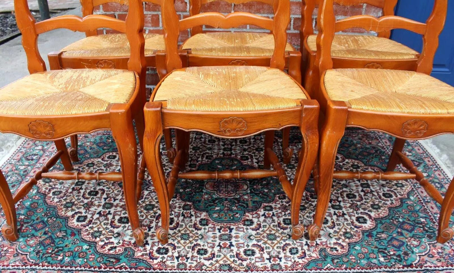 Set of 6 French Louis XV Oak Dining Chairs | Antique Rush Seats & Carving