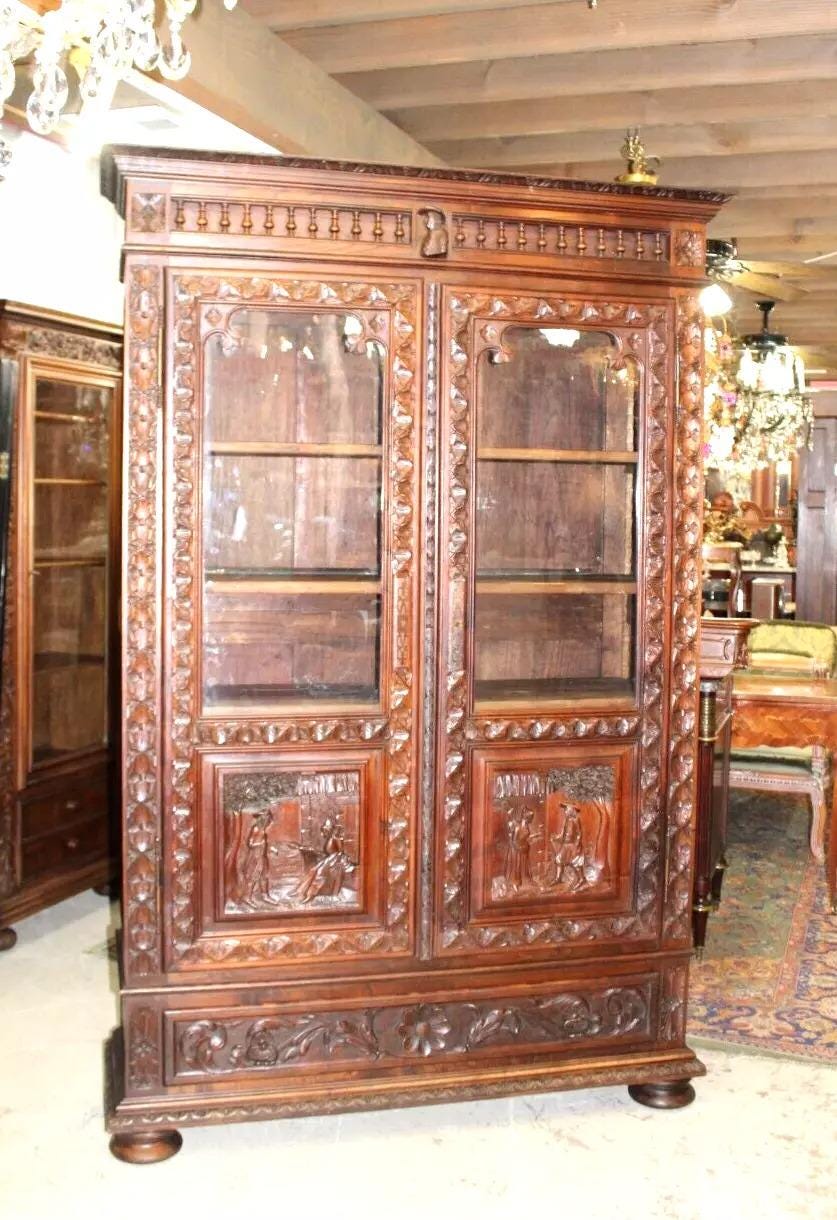 French Antique Chestnut Wood Brittany Bookcase | Carved Display Cabinet c.1880