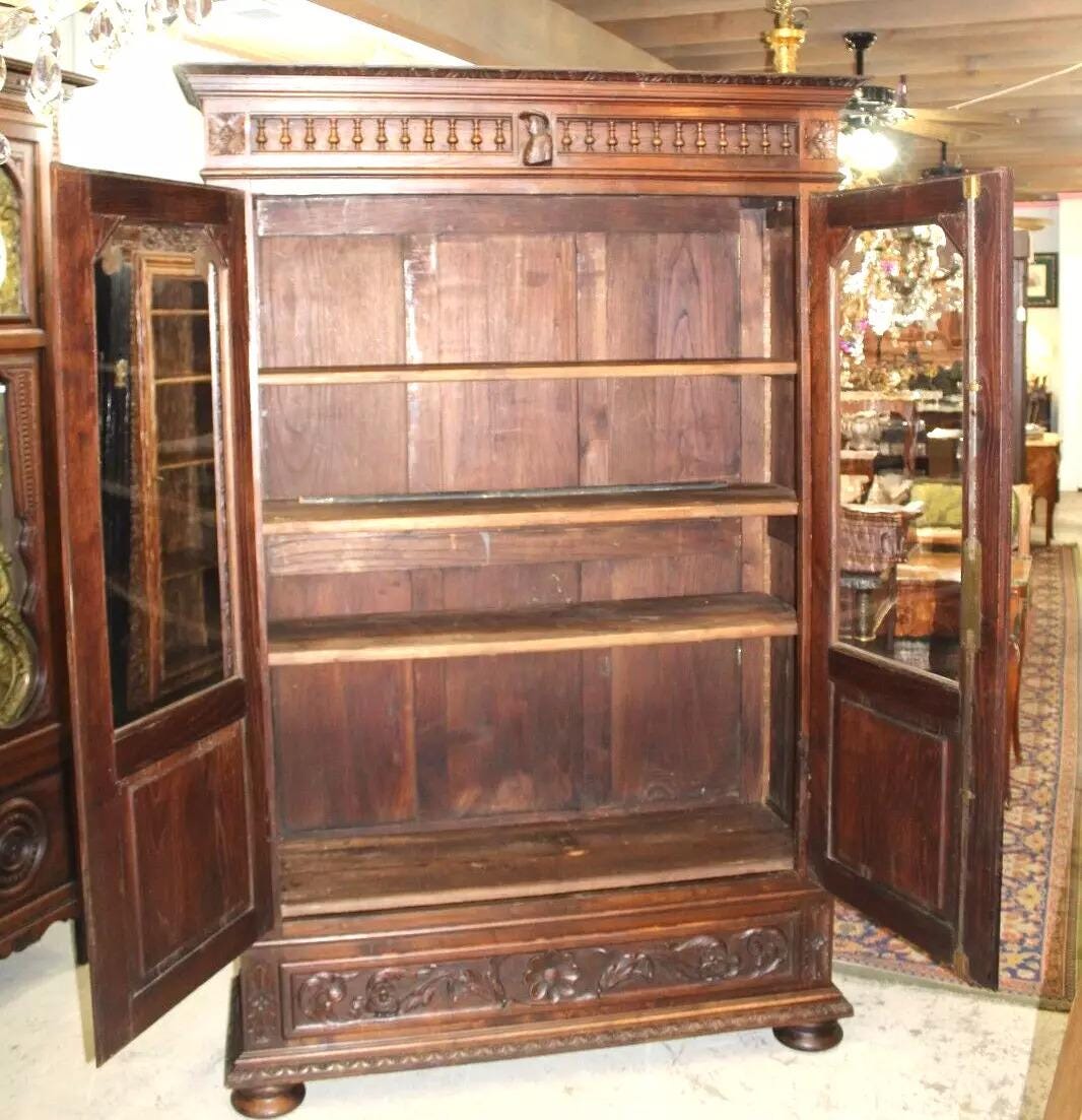 French Antique Chestnut Wood Brittany Bookcase | Carved Display Cabinet c.1880