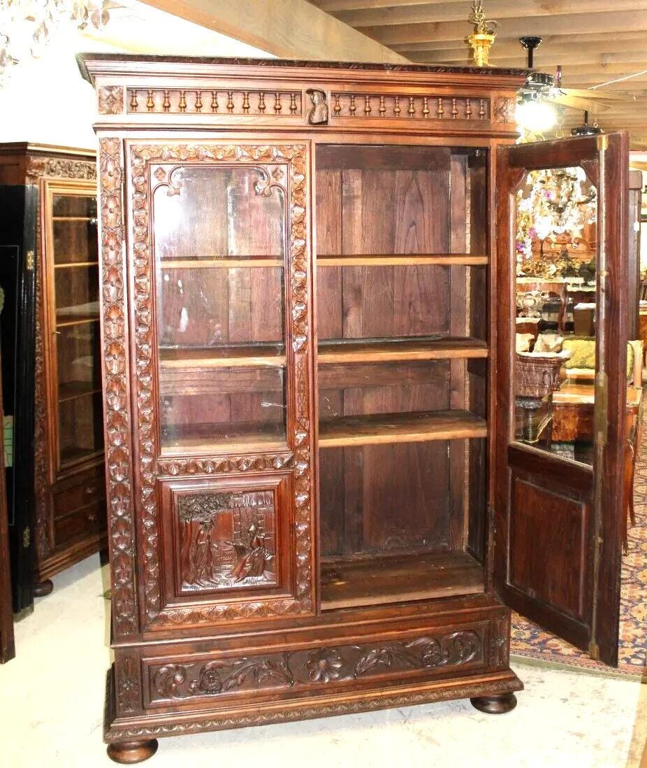 French Antique Chestnut Wood Brittany Bookcase | Carved Display Cabinet c.1880