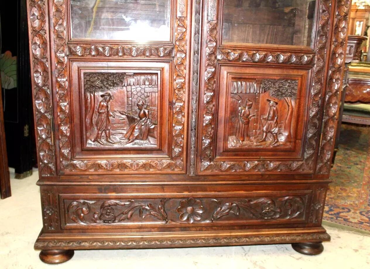 French Antique Chestnut Wood Brittany Bookcase | Carved Display Cabinet c.1880