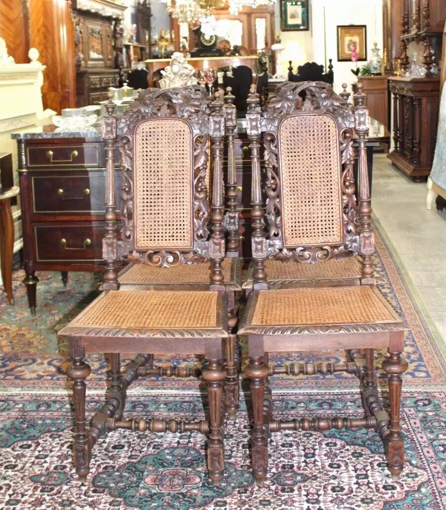 Set of 4 French Antique Louis XVI Dining Chairs | Oak Wood with Cane Seats