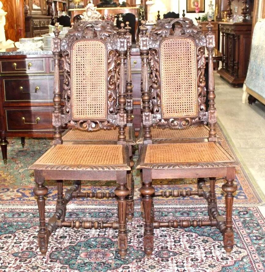 Set of 4 French Antique Louis XVI Dining Chairs | Oak Wood with Cane Seats