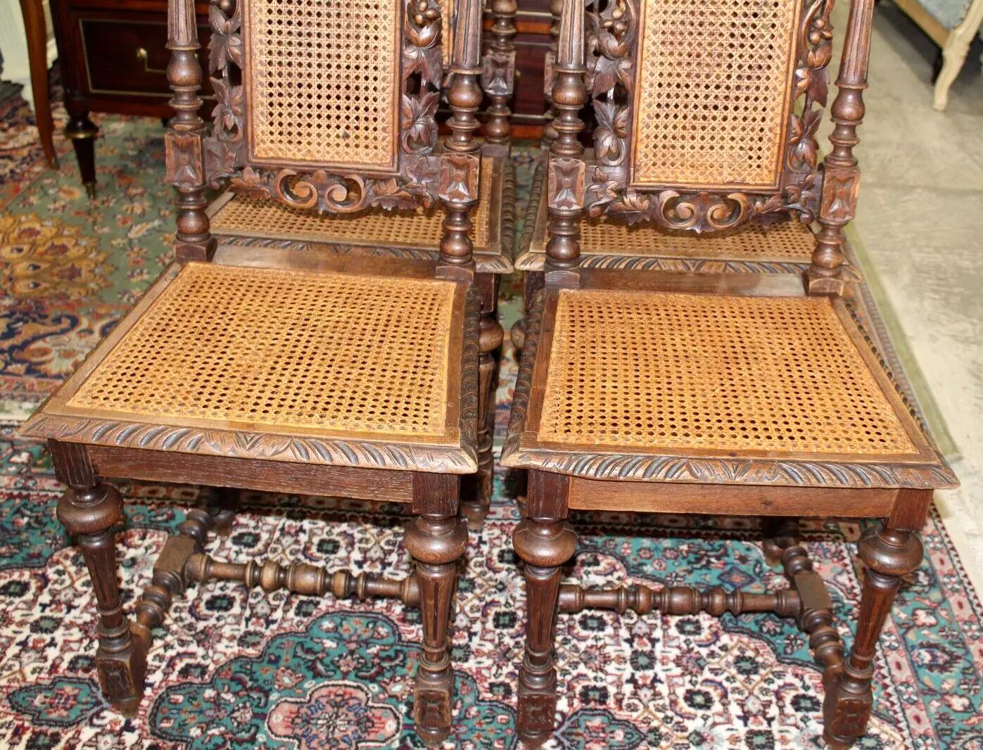 Set of 4 French Antique Louis XVI Dining Chairs | Oak Wood with Cane Seats