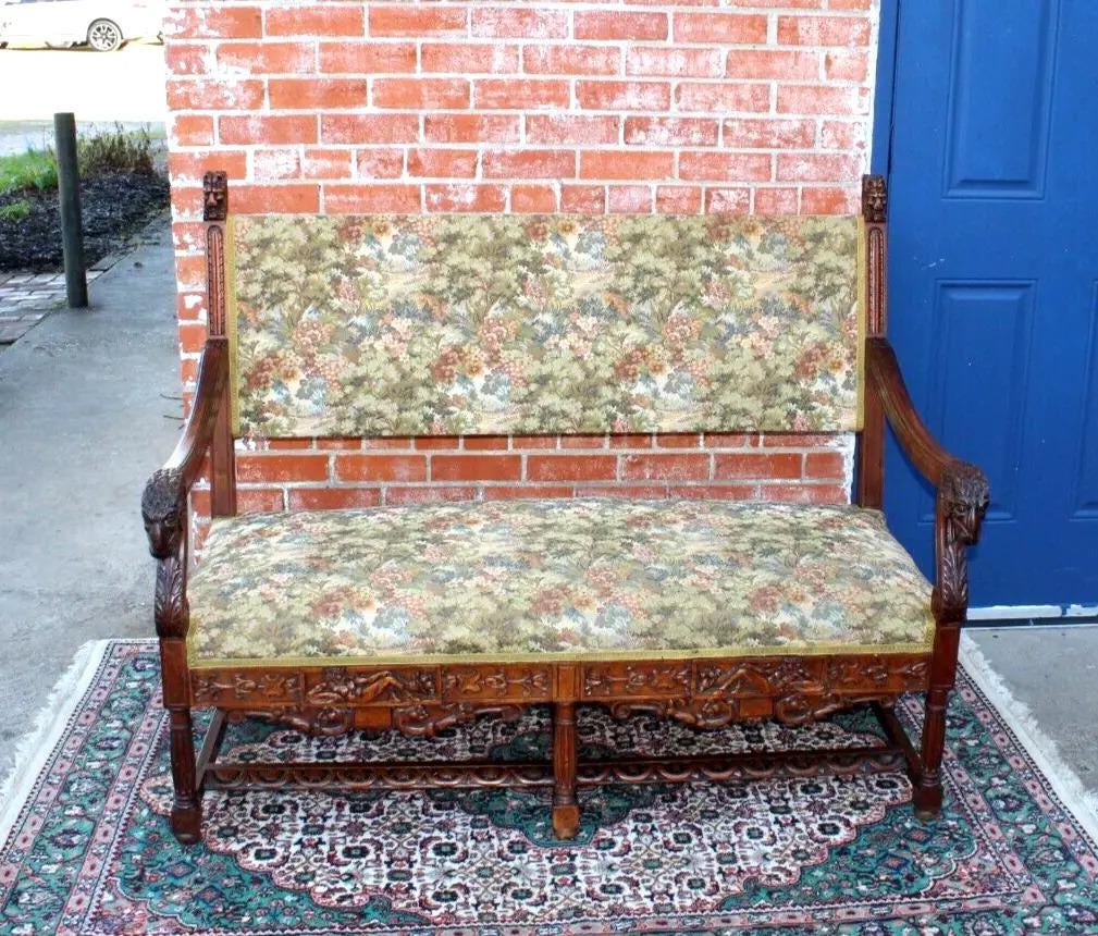 French Antique Renaissance Settee | Walnut Green Upholstered Bench