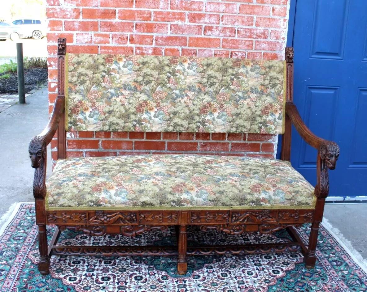 French Antique Renaissance Settee | Walnut Green Upholstered Bench