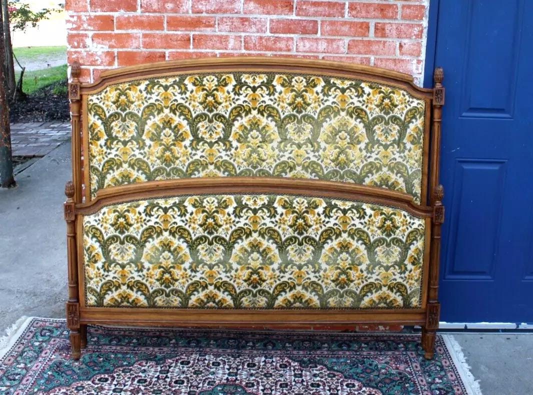 French Antique Louis XVI Full Size Bed | Upholstered Frame | Carved Details