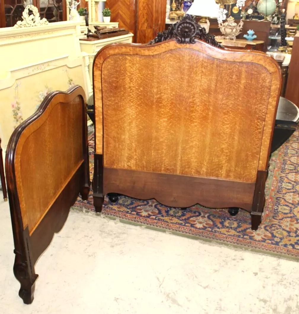 French Antique Louis XV 3/4 Bed Rosewood & Maple Carved Frame w/ Rails
