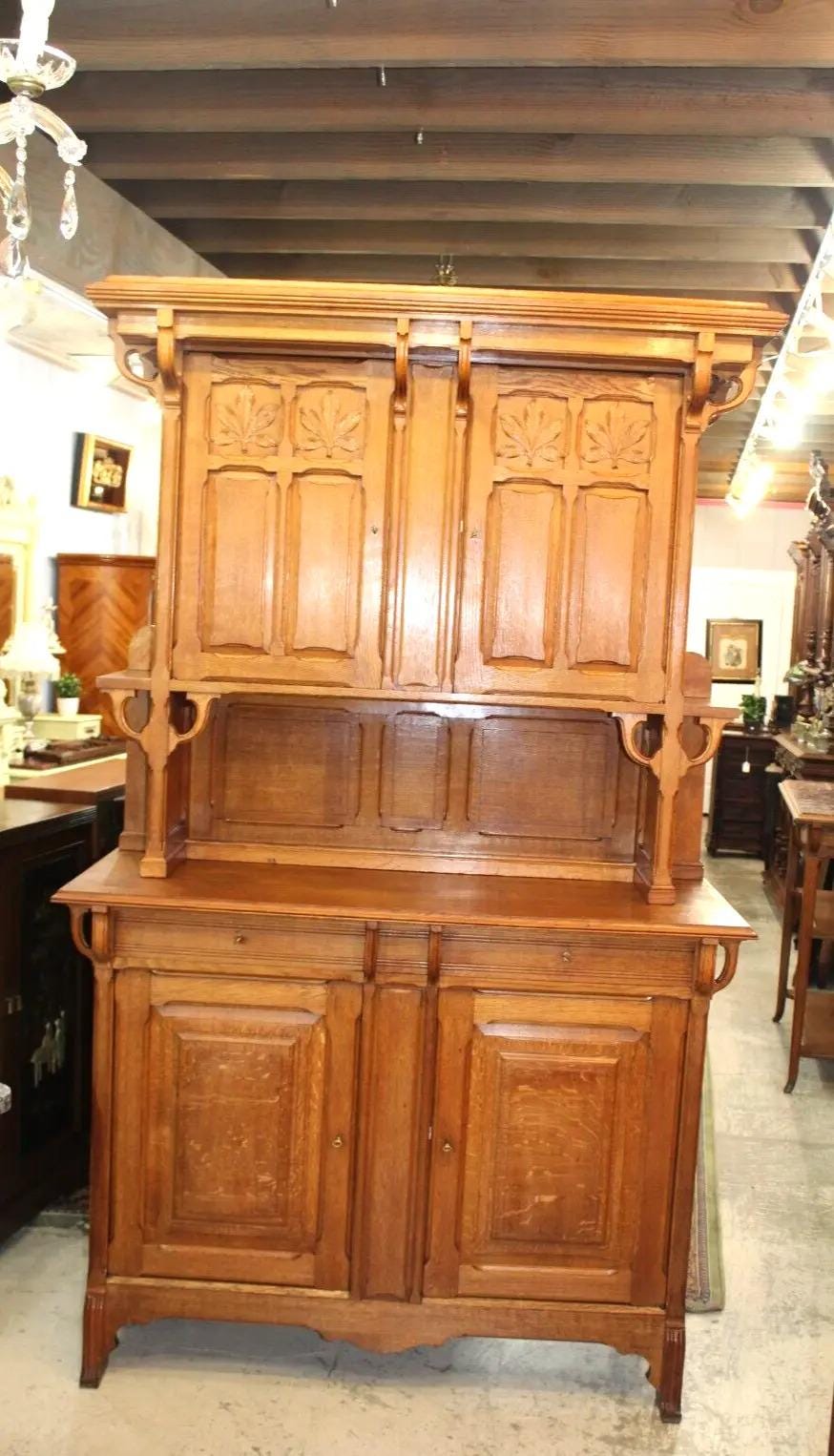 French Antique Oak Arts & Crafts Buffet Cabinet Hutch w/ Carved Details