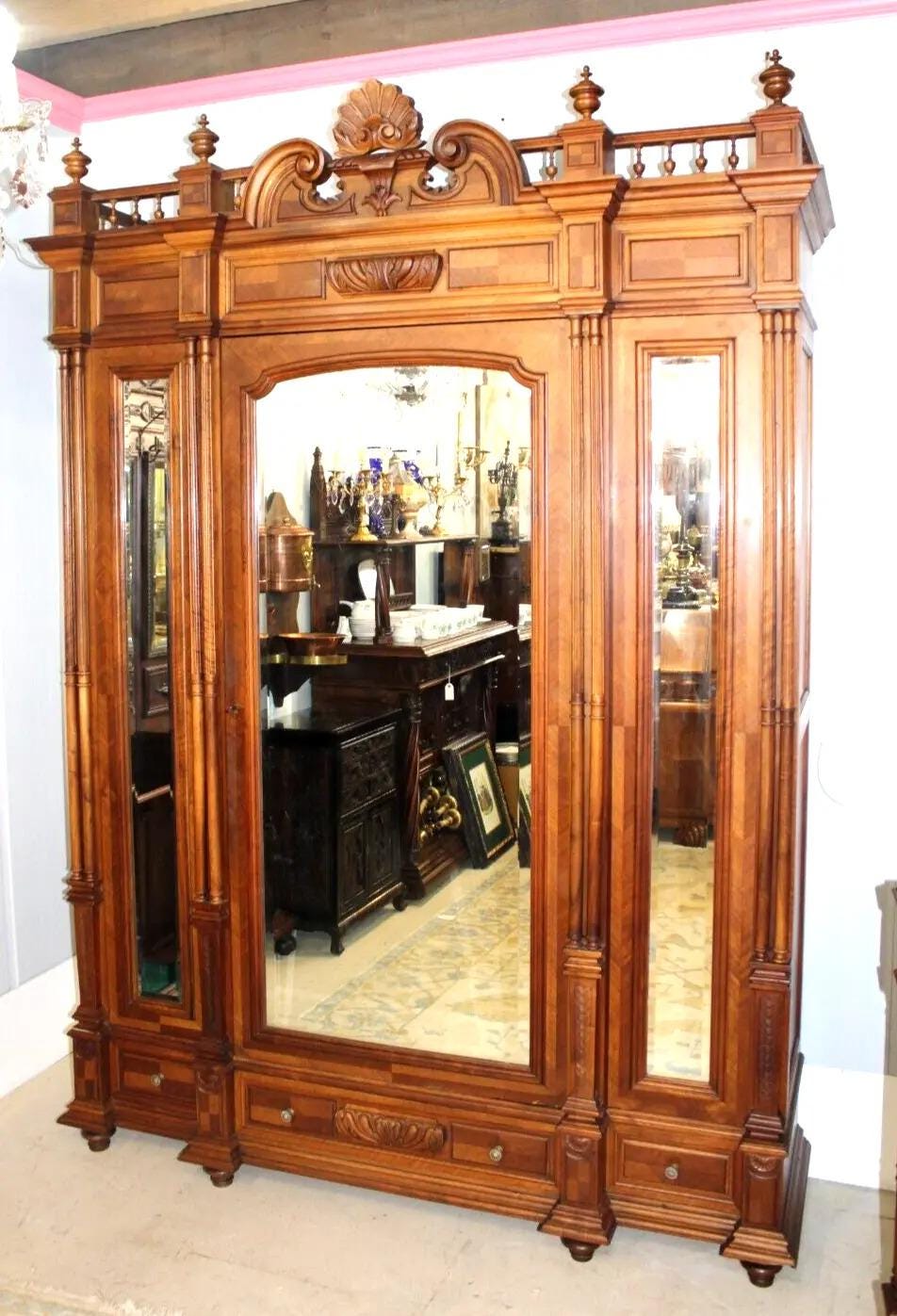 French Henry II Walnut Armoire | Antique 1 Door Wardrobe with Mirror