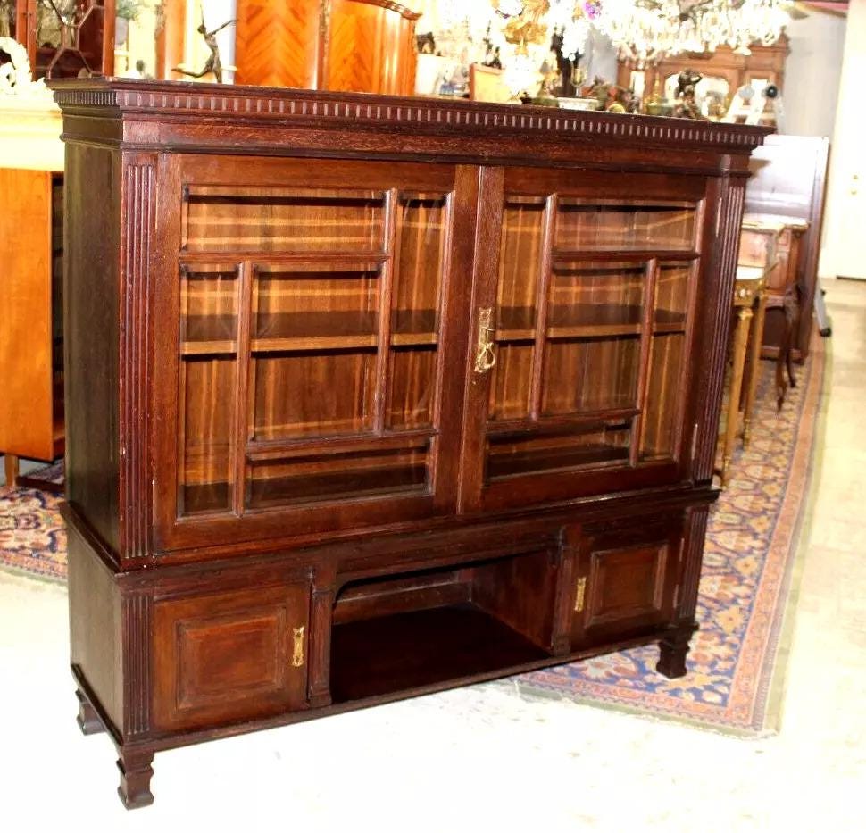 English Antique Oak Bookcase Display Cabinet w/ Glass Doors and Shelving