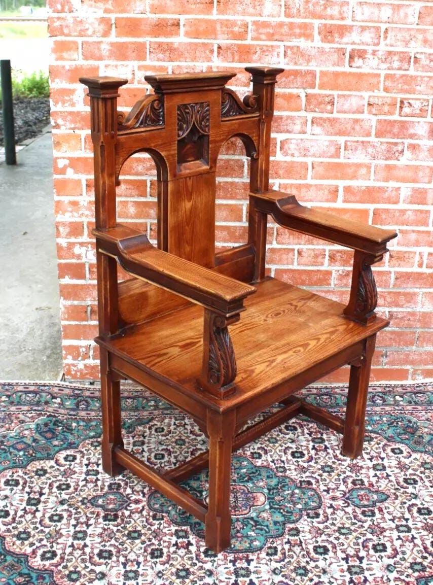French Antique Pine Gothic Armchair | Carved Medieval Cathedral Style Chair