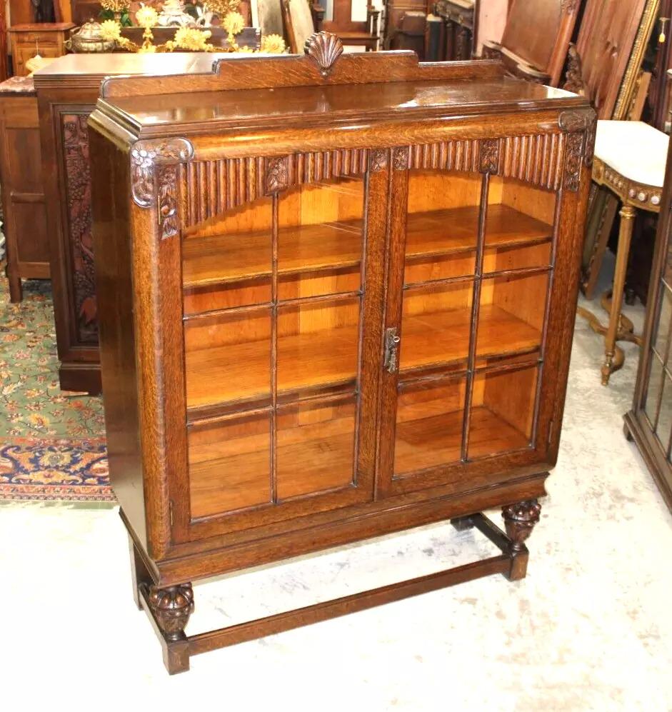 English Antique Tiger Oak Art Deco Bookcase | Glass Door Display Cabinet c.1920