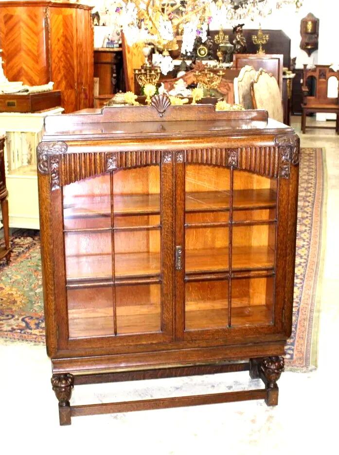 English Antique Tiger Oak Art Deco Bookcase | Glass Door Display Cabinet c.1920