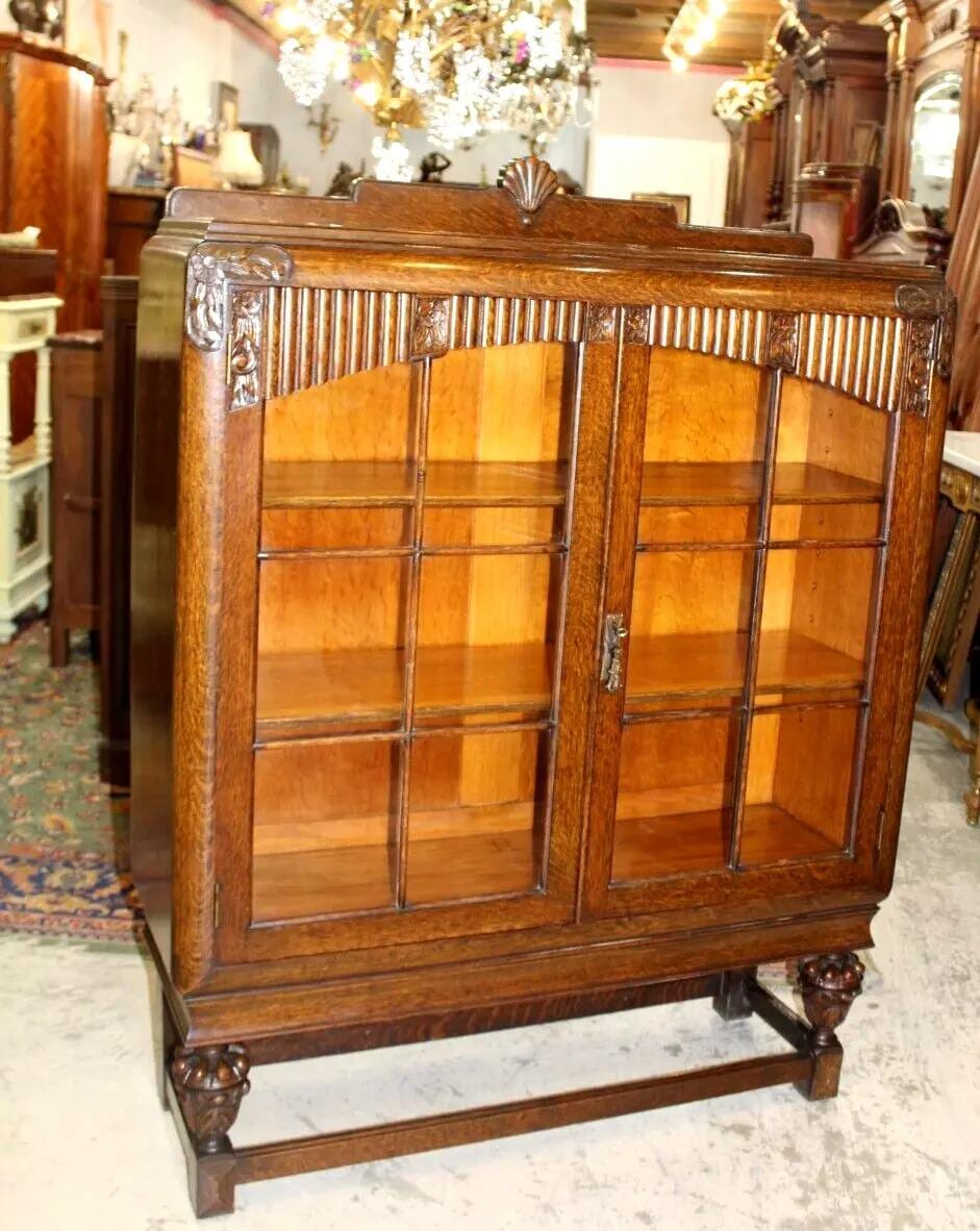 English Antique Tiger Oak Art Deco Bookcase | Glass Door Display Cabinet c.1920