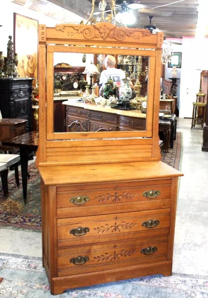 American Antique Oak Eastlake Dresser | 3 Drawer Vanity with Carved Mirror