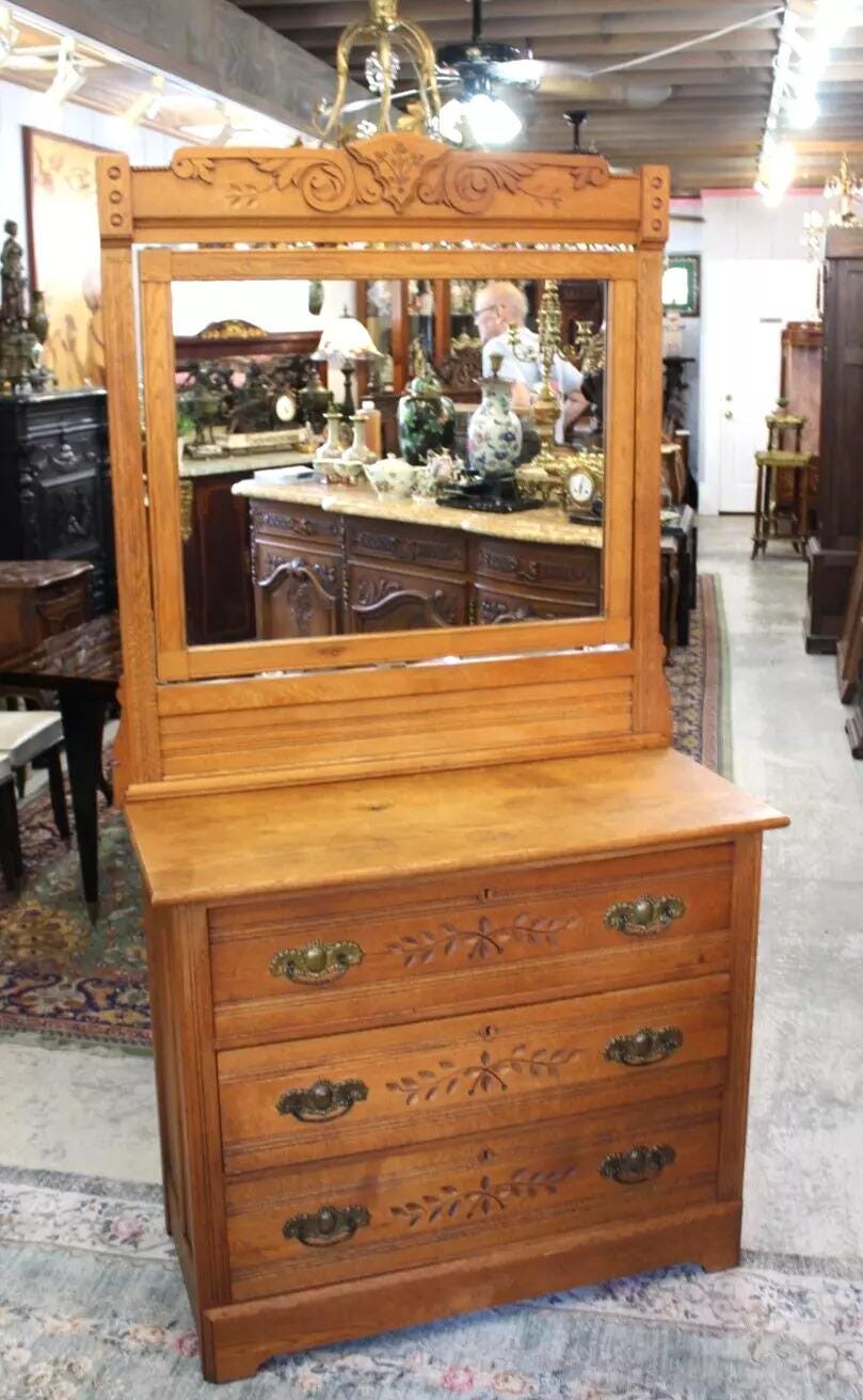 American Antique Oak Eastlake Dresser | 3 Drawer Vanity with Carved Mirror