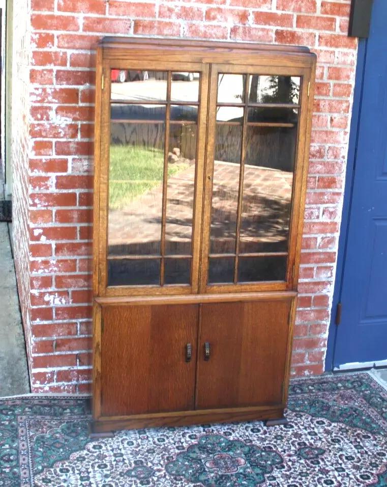 English Antique Oak Glass Door Bookcase / Display Cabinet